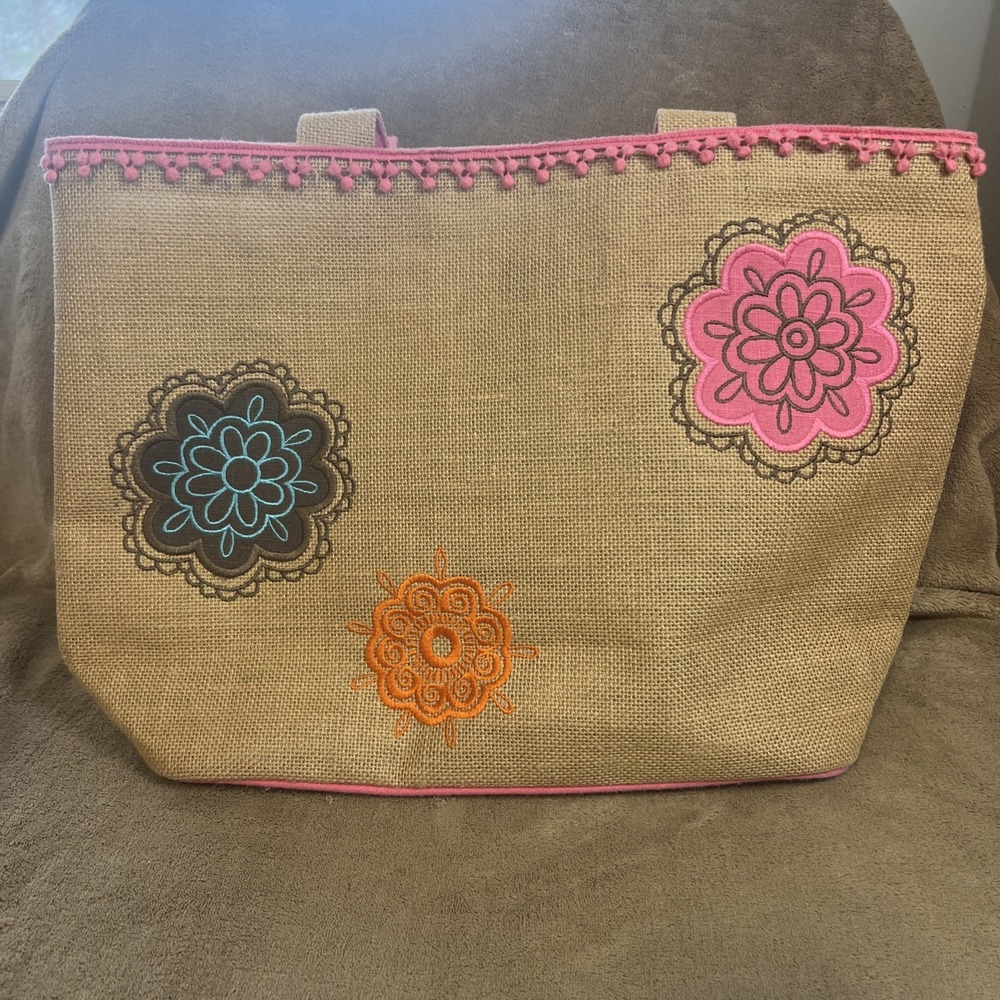 Mud Pie Jute‎ Burlap Tote Bag Floral Embroidered Approx 12"x6"x18" Pink Fringe